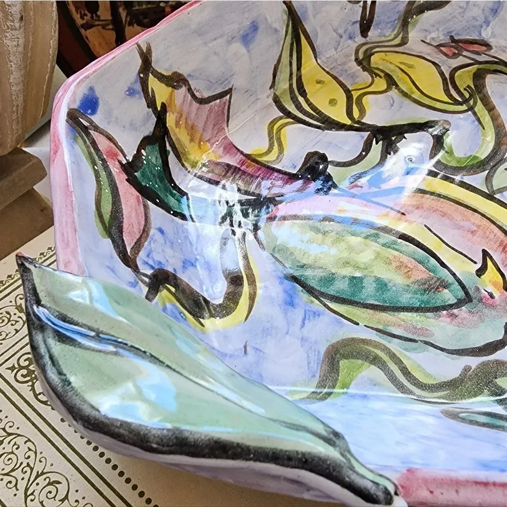 Handpainted Art Pottery Dish with Leaf Handles and Tropical Birds